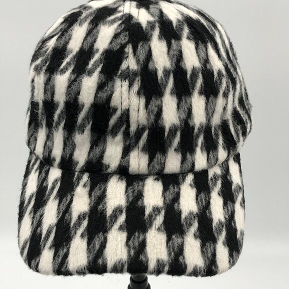 Brushed Wool-Blend Houndstooth Baseball Cap — Black & White, Adjustable, Winter - Picture 5 of 12